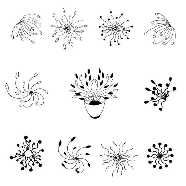 Ένα Σετ Αφηρημένων Πρωτότυπων Λουλουδιών Σχέδιο Περιγράμματος Ζωγραφική Χεριών Διάνυσμα — Διανυσματικό Αρχείο