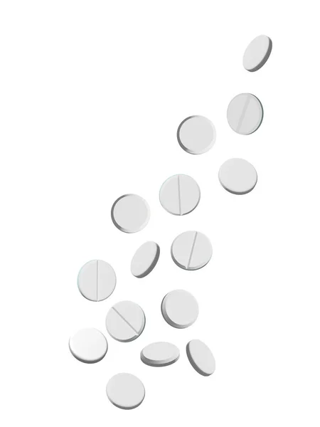 飞溅的药丸掉了下去一套医疗用白色药丸扁平和凸起药丸 3D风格 阴影隔离在白色背景 从上面看现实的例证 — 图库矢量图片
