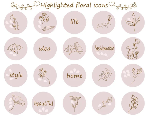 Instagram Story Highlight Εικόνα Σετ Χειροποίητων Σχεδιαστικών Στοιχείων Λουλούδι Και — Διανυσματικό Αρχείο