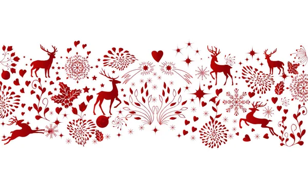 新年のクリスマスカードを背景に 休日の挨拶ポスター 多くの要素が整理された レッド フォーク スカンディナヴィア風 ストックイラスト — ストックベクタ