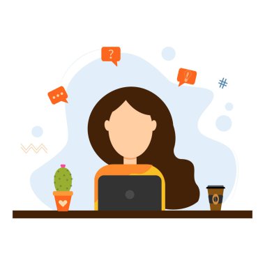 Kız çalışıyor, bilgisayarda çalışıyor, düşünceler, fikirler, planlar. Şeffaf beyaz arkaplan üzerindeki düz biçim.