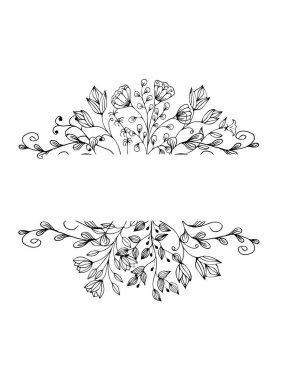  Davetiye için çiçek çerçevesi, selamlama veya dekorasyon, çiçekler, çimenler, yapraklar, dallar. Çizgi sanatı tarzında yapılmış, taslak. El yapımı.