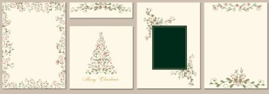 Noel ağacı, dekoratif çiçek çerçeveleri, lüks arka planlar ve fotokopi alanı olan kurumsal tatil kartları. Mesaj için yer alan bir arka plan. Evrensel sanat şablonları.