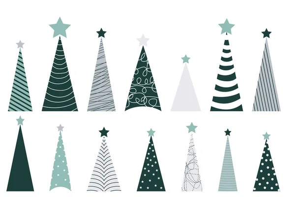 Weihnachts Oder Neujahrskollektion Mit Weihnachtsbäumen Skandinavischen Stil Grün Und Grautönen — Stockvektor