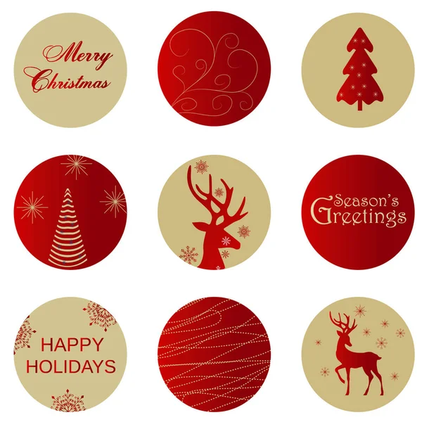 Runde Symbole Mit Neujahrs Und Weihnachtsmotiven Weihnachtsbäume Hirsche Schneeflocken Grußworte — Stockvektor