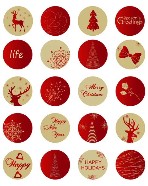 Runde Symbole Mit Neujahrs Und Weihnachtsmotiven Weihnachtsbäume Hirsche Schneeflocken Grußworte — Stockvektor