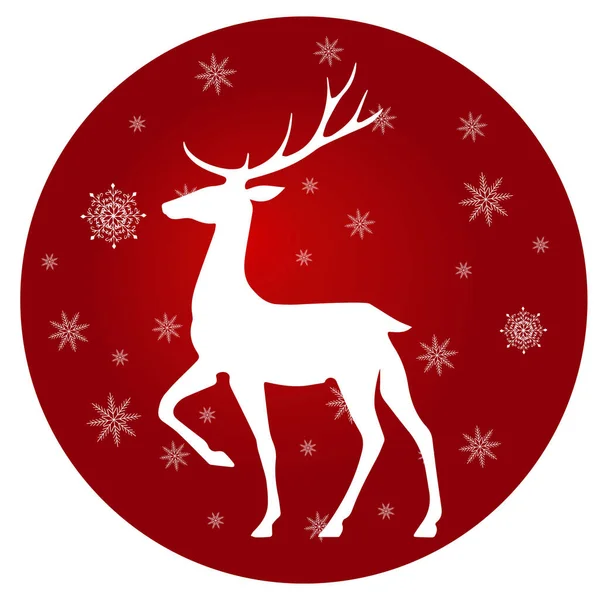 Stiliserad Jul Rådjur Dekorerad Med Snöflingor Isolerad Röd Bakgrund Cirkel — Stock vektor