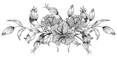 Çiçek kompozisyonu, çiçek arkaplanı, narin çiçekler ve tomurcuk dalları. El çizimi. Biçimlendirilmiş dekor, davetiyeler, kartpostallar, posterler, kartlar, arkaplanlar için, kırpma veya renklendirme sayfası olarak. 