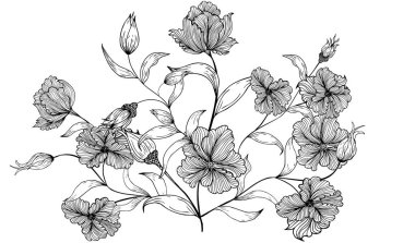 Çiçekli arka plan, çerçeve, sınır, narin çiçekler ve tomurcuk dalları. El çizimi. Kabartma. Metin için boşluk ile