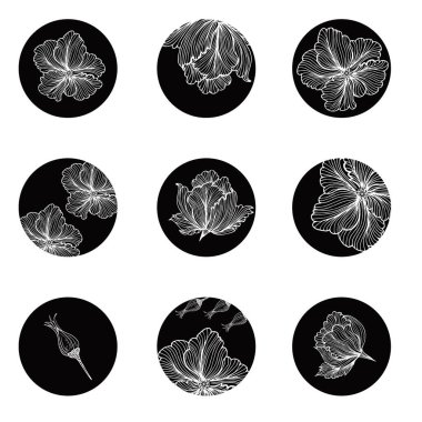 Narin el çizimi çiçekleri olan yuvarlak simgeler, soyut çizgiler, hikayeleri vurgulamak için, sosyal ağlar, blogcular, fotoğrafçılar, ön plan kapakları için. Estetik arka plan, modern moda blogu