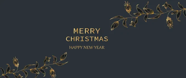 Feliz Año Nuevo Tarjeta Navidad Fondo Oro Negro Para Saludos — Vector de stock