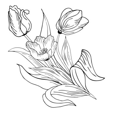 Beautiful realistic flowers, tulips. The composition is drawn by hand. Great idea for invitations, posters, cards, backgrounds, for printing and layout, etc.
