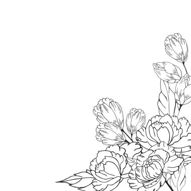 Delicate floral composition, background of lush, luxurious flowers, buds, leaves. For frame, card, poster, poster, divider, border. Hand drawn. With space for text