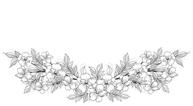 A beautiful blooming branch, richly decorated with flowers, buds, and leaves. Hand drawing.