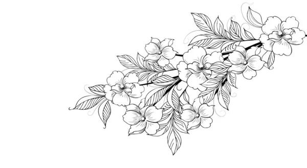 葉で装飾された美しい開花枝 手描き — ストック写真