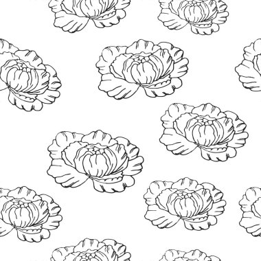 Kusursuz çiçek deseni. Dekoratif şakayıklar, yapraklar ve tomurcuk tomurcukları. Kumaş, kağıt, hatıra defteri, kart, arkaplan vs. üzerine baskı yapmak için. Düzenleme için vektör