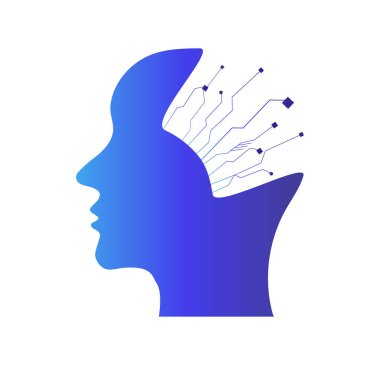 Yapay zekanın modern arka plan metaforu, modern teknolojiler, robotlar, kafasında teknik elementler olan bir adam. Teknoloji ve mühendislik kavramı