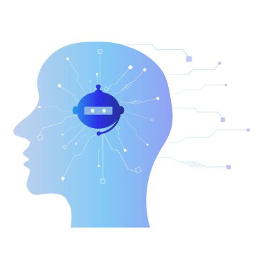 Yapay zekanın modern arka plan metaforu, modern teknolojiler, robotlar, kafasında teknik elementler olan bir adam. Teknoloji ve mühendislik kavramı