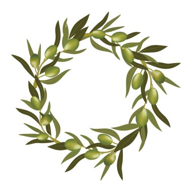 Yeşil zeytin dalı ve yeşil zeytinli çelenk. Vejetaryen yemeği ve sağlıklı yaşam tarzı..