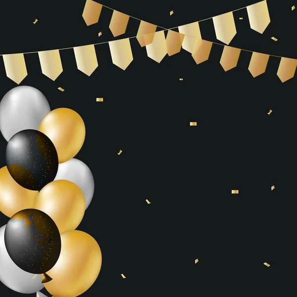 Uroczysty Design Realistycznymi Złotymi Czarnymi Balonami Błyszczącym Konfetti Ciemnym Tle — Zdjęcie stockowe