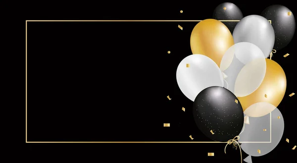 Feestelijk Ontwerp Met Realistische Gouden Zwarte Ballonnen Glanzende Confetti Donkere — Stockvector