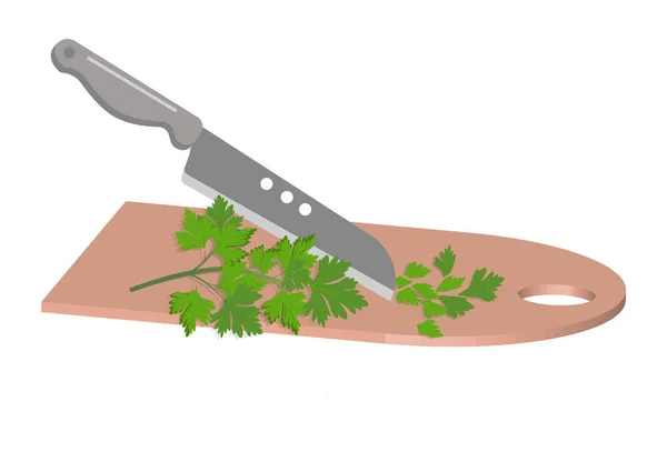 Taze Yeşil Maydanozu Salata Tahtasında Bıçakla Doğramak Mutfak Aletleri Boyutlu — Stok Vektör