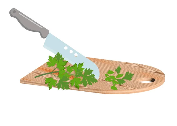 Резать Свежую Зеленую Петрушку Ножом Доске Салата Кухонная Утварь Проекция — стоковый вектор