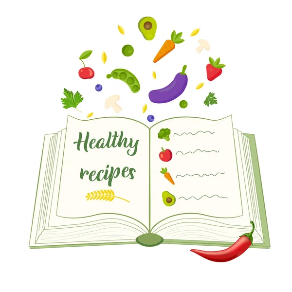 Ανοιχτό Βιβλίο Υγιεινών Συνταγών Τροφίμων Χορτοφαγικών Τροφίμων Λαχανικών Φρούτων Δημητριακών — Διανυσματικό Αρχείο