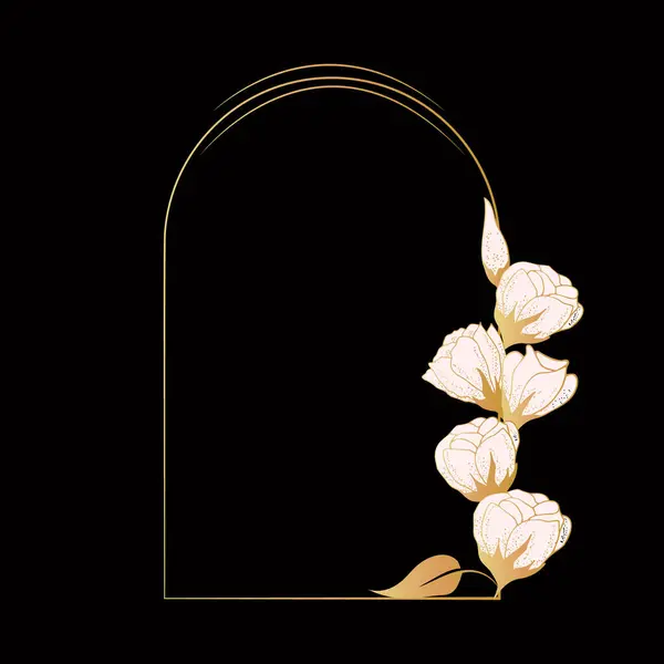Bogenrahmen Mit Goldenen Rosen Auf Dunklem Hintergrund Kalligrafische Ornamente Und — Stockvektor