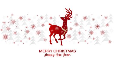 MERRY CHRISTMASand Happy New Year background with deer and snowflakes on the background of Christmas trees, forest. Festive greetings. Vector clipart