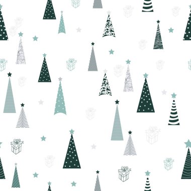 Noel ağaçları İskandinav tarzında kusursuz desenli. Noel ve Yeni Yıl dekoru, kartpostallar, kumaşlar, kağıtlar, ambalajlar için
