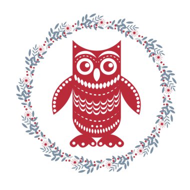 İskandinav usulü Noel baykuşu ve Noel çelengi. Tarzlı kartpostal, geçmiş, selamlaşma. Yazdırma, selamlama, şablon olarak. Vektör