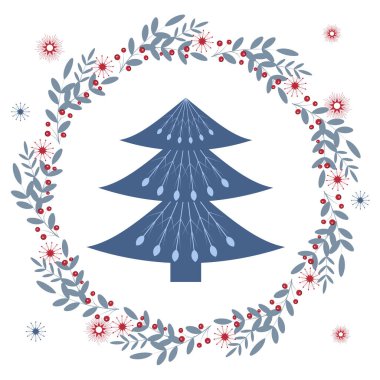 Noel, İskandinav tarzında, böğürtlen ve kar taneleriyle süslenmiş yeni yıl ağacı. Kartpostal, özgeçmiş, şablon, selamlama, davetiye ve şenlik havası için. Vektör