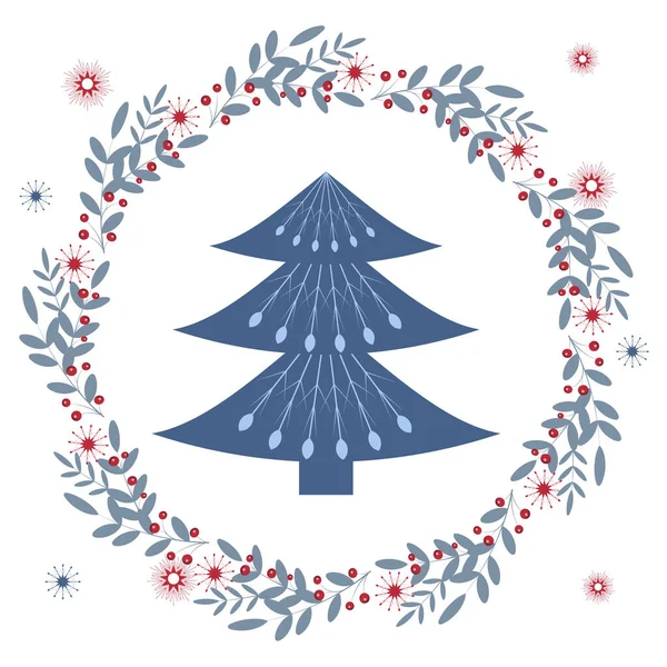 Noel, İskandinav tarzında, böğürtlen ve kar taneleriyle süslenmiş yeni yıl ağacı. Kartpostal, özgeçmiş, şablon, selamlama, davetiye ve şenlik havası için. Vektör
