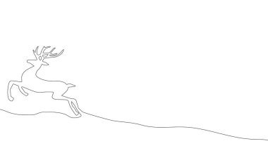 Noel Baba 'nın geyiği, geyiği, Noel ağacı, arka planı tek çizgi şeklinde. Minimalist tarzda yeni yıl ve Noel geçmişi. El boyası. Baskı, tasarım, selamlama ve ruh hali için. Vektör