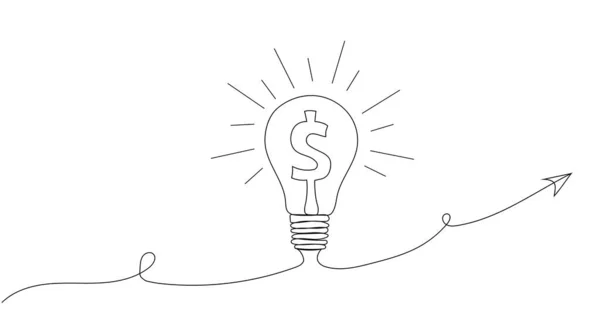 Glowing light bulb with dollar sign and rays, line art style, one line. Concept of idea, profit, income, commerce, sales. Hand drawing