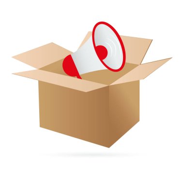 Kağıt kutuda bir megafon. Ses yükselticisi, şeffaf bir arkaplanda hoparlör. Vektör