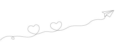 Kalp ve Uçak sanat tarzında, sürekli çizim yapan ince bir sınır uçağı düz çizgide uçuyor. Arkaplan, kart, dekor, yazdırma, davet ve diğer tasarım için kullanılabilir.