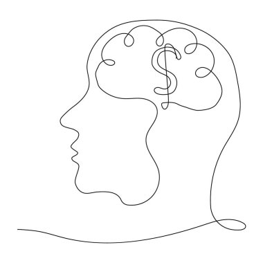 İnsan kafası ve dolar işareti. İş, ticaret, kâr ve iş fikirleri hakkındaki düşünceler. Bir satırın tarzında