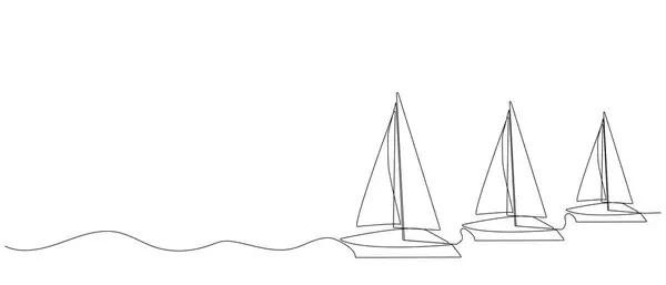 Segelboot Boot Schiff Meereswelle Manuelles Zeichnen Einer Durchgehenden Linie — Stockvektor