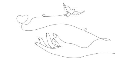 Uzamış bir elden gökyüzüne uçan bir güvercin. Arkadaşlık, barış, yardım, destek kavramı. El sağlam bir çizgi çiziyor. Vektör.