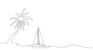 Yelkenli, tekne, gemi, deniz dalgası ve palmiye ağacı. Seyahat, dinlenme, seyahat, deniz. El sağlam bir çizgi çiziyor. Vektör.