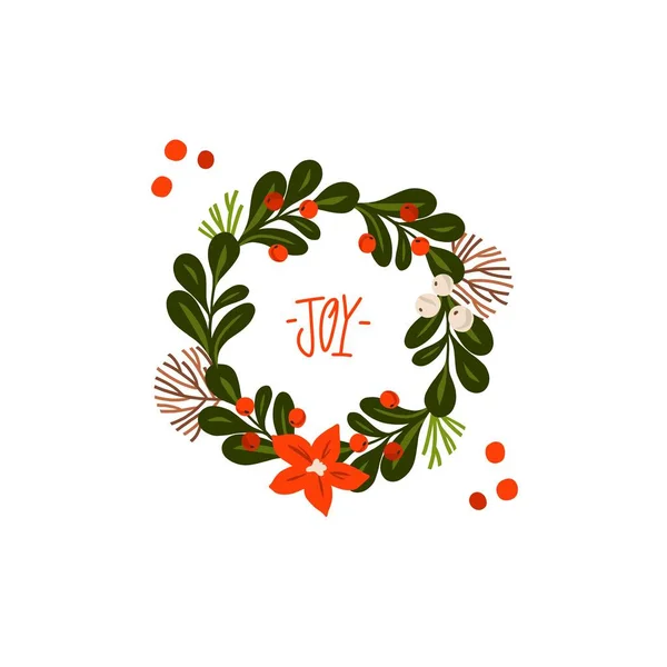 手描きベクトル抽象グラフィックメリークリスマスとハッピーニューイヤークリップイラスト花や葉でグリーティングカード メリークリスマスかわいい花カードデザインの背景 — ストックベクタ