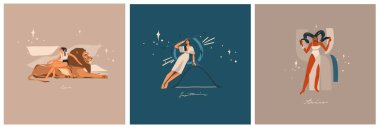 El çizimi soyut grafik çizimleri burç astrolojik çağdaş ateş işaretleri seti, sihirli boho kadın karakterleri, clipart boho tasarımı, feminen astroloji konsepti