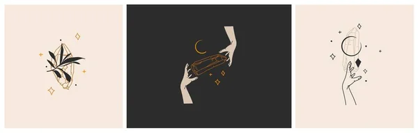 手描き抽象ベクトルグラフィッククリップイラスト魔法のクリスタルシンボルロゴセット女性の手のロゴを最小限の線形スタイルでベクトル女性のロゴデザインコンセプト月と星とテンプレートを印刷 — ストックベクタ