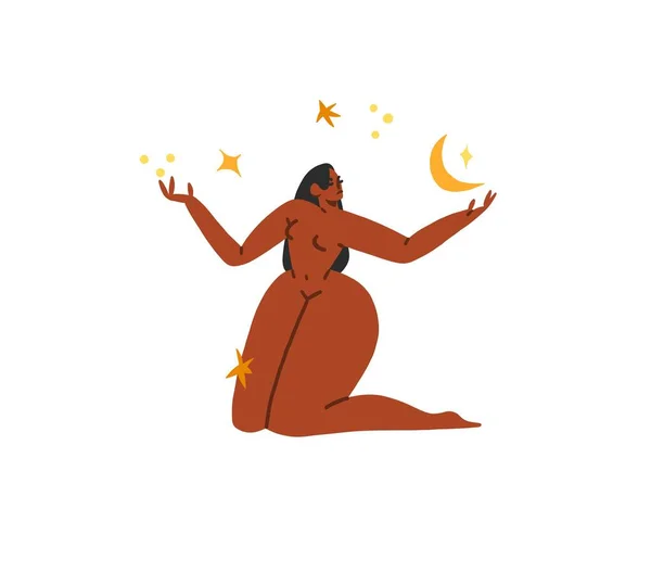 手描きベクトル抽象的な現代グラフィック 抽象的な月と星と自然の中で若いBoho女性のキャラクターのクリッパーイラスト — ストックベクタ