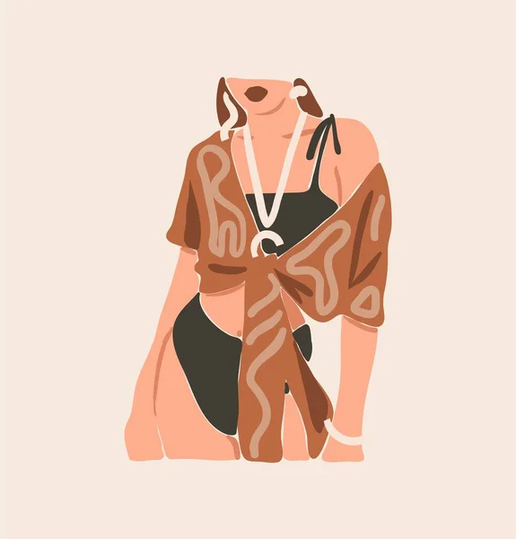 手描きベクトル抽象ストックフラットグラフィック現代美術 ボヘミアンで審美的なファッションイラスト 美しい現代女性の肖像画 シンプルなトレンディーなスタイル 女性デザインコンセプトアート — ストックベクタ