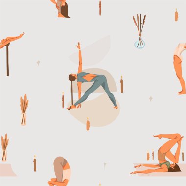 Meditasyon yapan yoga kadını Asana Clipart dipsiz desenli el çizimi soyut grafik seti. Meditasyon pratiği. Zen ve ahenk sanatı kavramı. Renkli düz vektör karakter çizimleri.