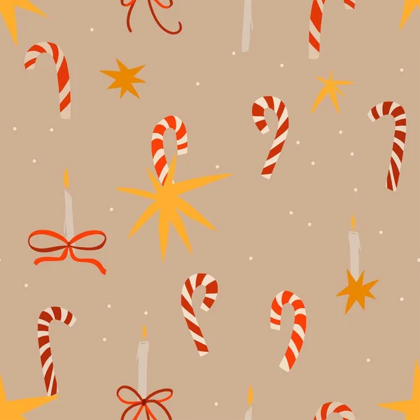 手描きベクトル抽象的なグラフィックメリークリスマスとハッピーニューイヤークリップイラストは花 キャンディーの杖と葉でシームレスなパターンを包む挨拶イラスト メリークリスマスデザインの背景 — ストックベクタ