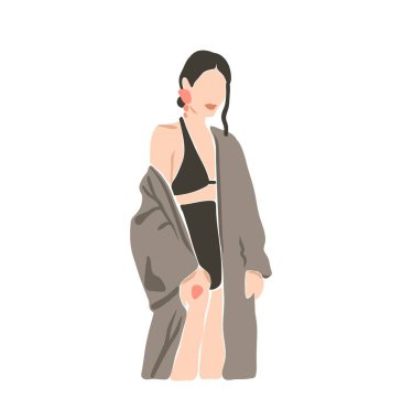 El çizimi vektör soyut düz grafik modern sanat, bohem, güzel modern kadın portresi ile estetik moda illüstrasyonu, basit moda tarzı. Kadın tasarım konsepti sanatı